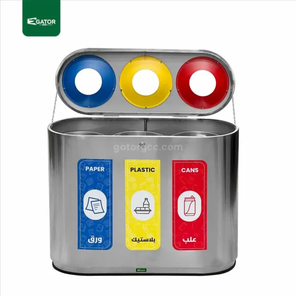 Stainless Steel Triple Recycling Bin opened Gator UAE RB02-1C